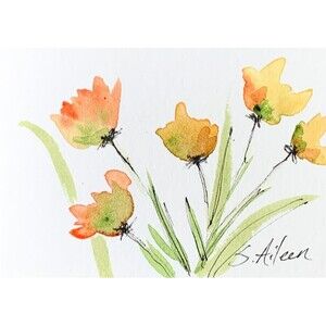 ACEO Painting Loose Watercolor Flowers Bouquet Green Leaves Botanical III Signed